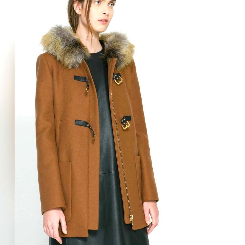 ZARA Women's Duffle Cognac Camel Brown Wool Coat Faux Fur Hood Leather Coat XS